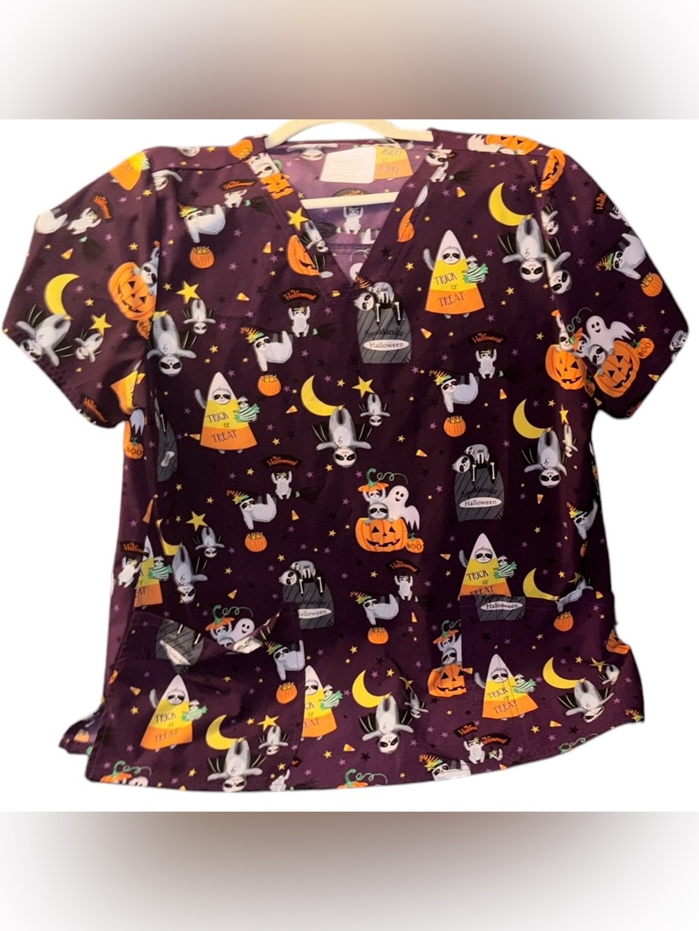 Cherokee Purple Halloween Print Scrub Top
